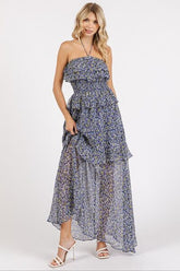 Mittoshop Ruffled Smocked Floral Halter Neck Maxi Dress OutfitFlow
